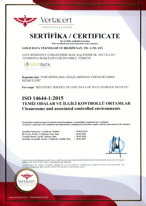 Gold Data ISO 14644 Temiz Oda Sınıflandırma Sertifikası Veri Kurtarma Laboratuvarı 2026-2027